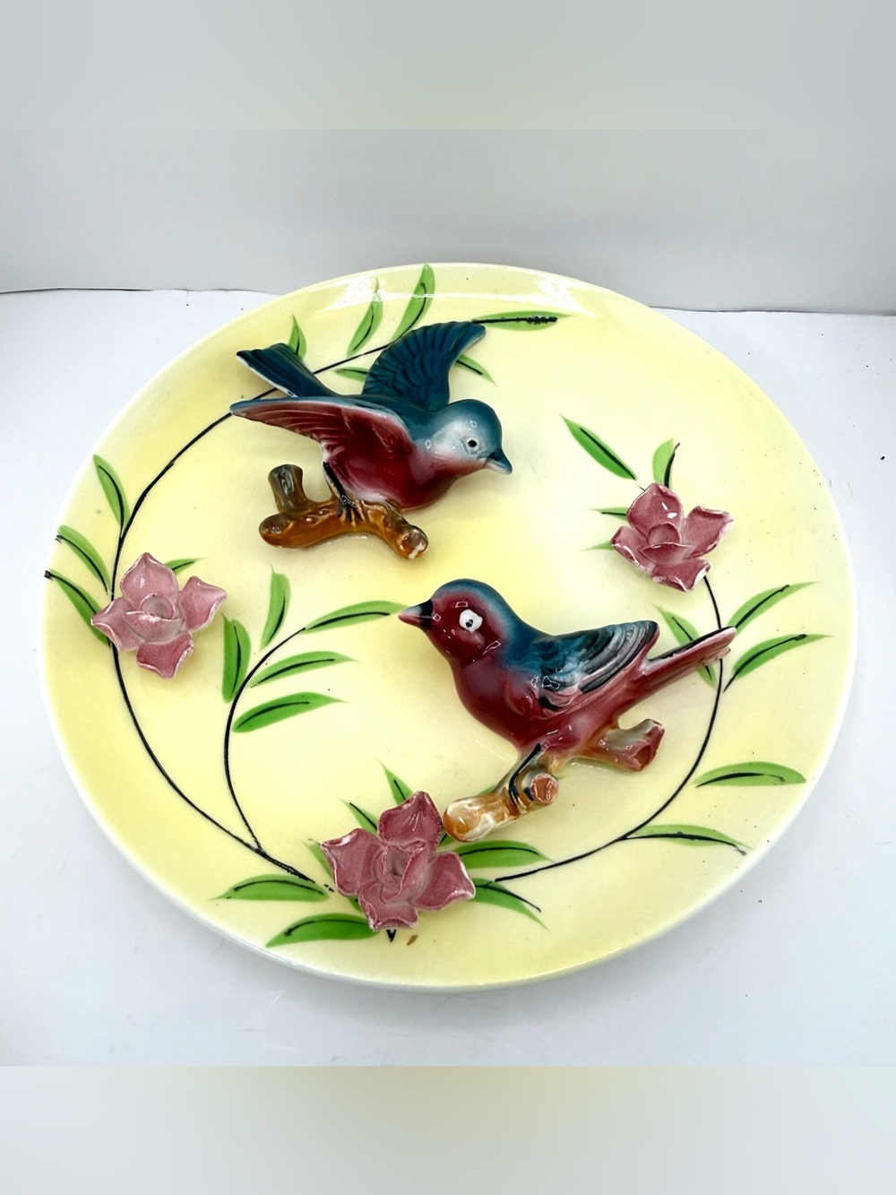 Vintage Japanese Plate With Applied Birds & Flowers Design in Relief Measures 8"